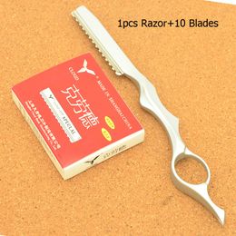 Meisha Hairdresser's Razor Stainless Steel Sharp Thinning Hair Shaver Blades for Barber Straight Hair Removal Razor with 10PCS Blades HC0008