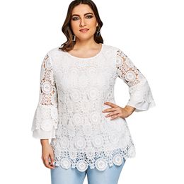 Gamiss 2018 Women Casual White O Neck Three Quarter Blouse Plus Size Lace Flare Sleeve Tunic Top Shirts Blusas Big Size XL-5XL