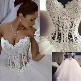 Discount Ball Gown Wedding Dresses Sweetheart Corset See Through Floor Length Princess Bridal Gowns Beaded Lace Pearls Custom Made Bridal