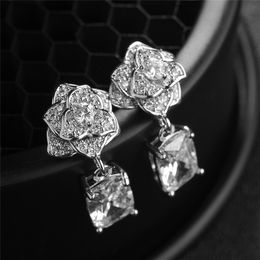 Vecalon lady flower design Dangle earring 5A Zircon Cz White Gold Filled Anniversary wedding Drop Earring for women gift