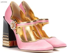 2018 New women pink high heels chunky heel diamond pumps party shoes spike stud pumps dress shoes wedding shoes rivets pumps
