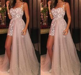 Sexy Lace Prom Dresses Sweetheart Spaghetti Straps 3D Appliques Flower Pearl Tulle Floor Length Evening Dresses Party Dresses