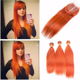 Silky Straight Peruvian Orange Color Human Hair Weave Bundles with 4x4 Lace Closure 4Pcs Lot Orange Virgin Human Hair 3 Bundle Deals