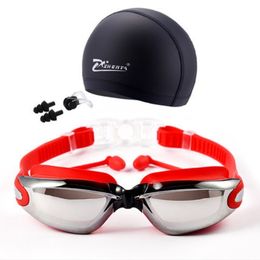 3pcs/set Swimming Myopia Goggles Caps Earplug Outdoor Electroplating Swim Glasses No Leaking Anti UV Protection Waterproof Swimming Eyewear