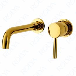ROLYA Golden Bathroom Faucet Wall Mounted Single Side Lever Mixer Taps Gold Basin Set Solid Brass Construction