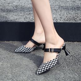 Moxxy Women Sexy High Heel Mules Clogs Black Pointed Toe Platform Mules Ladies Leather Sole Slippers Female Slip On Sandal Shoes