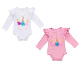 Lovely Newborn Infant Romper Kids Baby Girl Unicorn Romper Clothes Long Sleeve Ruffles Jumpsuits Clothes 2018 New Cute Body Suit 2Colors