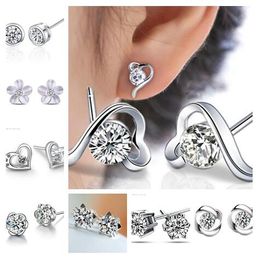 hot sales mix 12 style 12 pairs Luxury Cubic Zircon Crystal Stud Earrings S925 Platinum Plated crown Flower love heart Earrings