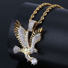 Hip Hop Gold Colour Plated Copper Iced Out Micro Paved CZ Eagle Pendant Necklace Men Charm Jewellery Three Style Chains