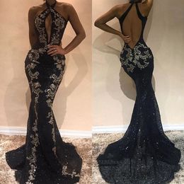 Dresses Evening Sexy Black with Sier Applique Halter Sleeves Mermaid Prom Gowns Backless Sequined Sweep Train Custom Made Formal Gown