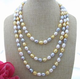 Hand knotted natural 8-9mm multicolor rice freshwater pearl necklace long 167cm fashion jewelry