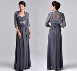 Grey Chiffon Mother's Dresses Beaded Applique Lace Evening Dresses With Lace Jacket Cheap Mother Of The Bride Dresses HY416