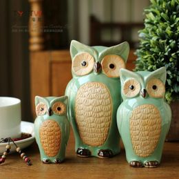 Green three coruja ceramica owl figurines home decor ceramic vintage ornament crafts room decoration porcelain animal figurine