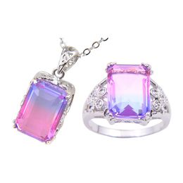 Luckyshine 5 Sets/Lot Mystic Light purple Tri-COLORED Tourmaline Crystal Zircon 925 Silver Women Holiday Gift Pendant Necklace Rings