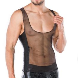 Sexy Men Faux Leather Lingerie Top Erotic Gay See Through Undershirts Mesh Patchwork Tees Tight Shirts Gay Fitness Tops Tight-fitting Vest