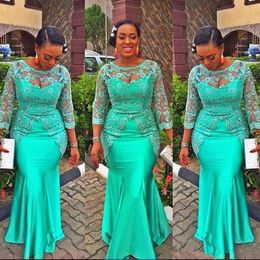 Turquoise African Mermaid Evening Dresses Vintage Lace Nigeria Long Sleeve Pelum Prom Dresses Aso Ebi Style Evening Party Gowns284j