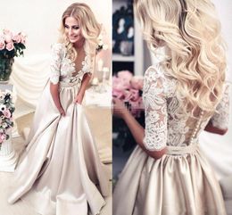 Jewel 1/2 Long Sleeves Buttons Satin Sweep Train Lace Appliques Champagne Beautiful Wedding Dress Wedding Gown