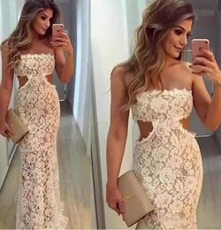 2020 Mermaid Prom Dresses Strapless Sexy Cut Waist Illusion Full Lace Evening Gowns Floor Length Formal Party Dress Cheap