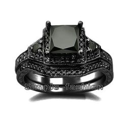 Fashion Jewellery Princess cut 6mm Gem 5A Zircon stone 10KT Black Gold Filled 2 Wedding Ring Set Sz 5-11 Free shipping