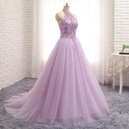 Charming Light Purple Lilac Halter Prom Dresses Sleeveless A Line Beaded Top Lace up Back Tulle Evening Party Gowns Custom Made High Quality
