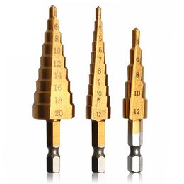 Freeshipping 3pc HSS Titanium Coated Step Drill Bit for Metal 3-12mm 4-12mm 4-20mm High Speed Steel Drill Bit Wood Drilling Power Tools