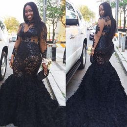 Plus Size Black Mermaid Prom Dresses Sequined Evening Gowns with Sheer Long Sleeves Sexy Formal Dress 3D Flowers