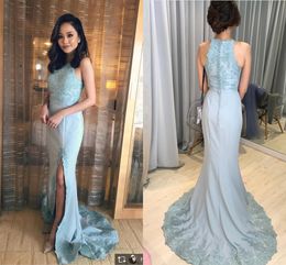 Lace Gorgeous Sexy Mermaid Prom Jewel Neck Applique Sweep Train Side Split Formal Dresses Evening Wear Vestidos De Fiesta