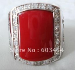 FREE SHIPPING>>> Exquisite silver red coral crystal Ring size: 7-11