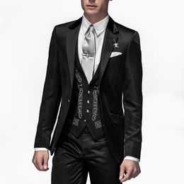 Hot Sale Groomsmen Notch Lapel Groom Tuxedos Shiny Black Men Suits Embroidery Wedding/Prom/Dinner Best Man Blazer (Jacket+Pants+Vest) K893