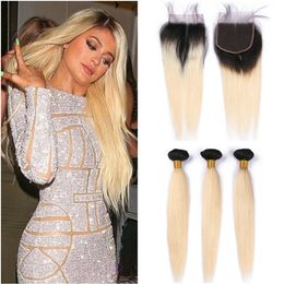 Malaysian Blonde Ombre Human Hair Bundles with Closure Straight #1B/613 Blonde Ombre 4x4 Lace Front Closure with Virgin Hair Weaves