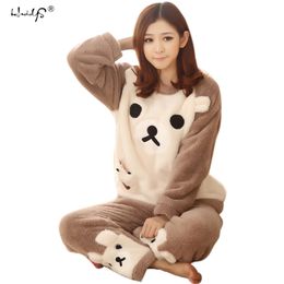 Women Pajama Sets 2018 Autumn winter Flannel Cartoon Warm Pyjamas Women Homewear Animal Sleepwear Cat female pajama S1015