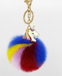 Fluffy Metal Alloy Unicorn Keychain Pendant Cute Pompom Artificial RabbitKey Chain Bag Car Key Ring Hang Bag 9CM