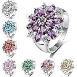 Princess flower full diamond Engagement Ring Silver Colour Austrian Crystal Colourful red green purple blue pink white yellow Ring