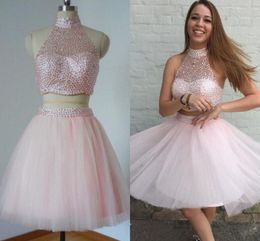 Fard à Joues Robe De Soirée Courte Col Haut Deux Pièces Une Ligne Tulle Perles Plissé Mini Robes De Cocktail De Retour Pour Les Jeunes Filles