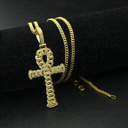 HipHop Necklace for Women New Copper Micro-setting Zircon Ankh Key Pendant Full Diamond Cuban Chain Cross Wholesale