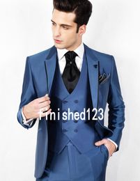 Custom Design One Button Blue Wedding Groom Tuxedos Notch Lapel Groomsmen Mens Dinner Blazer Suits (Jacket+Pants+Vest+Tie) NO:1529