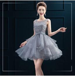 New Free Freight Short Lace U Neck Shoulder Dresses Party Grey Back Strap Skirt Bridesmaid Dresses Graduation HY012