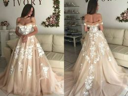 Off The Shoulder Country Wedding Dresses A Line Lace Appliqued Lace Up Back Champagne Beach Bridal Dress Sweep Train Plus Size Wedding Gowns