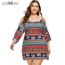 CosMera Casual Plus Size Spaghetti Strap Open Shoulder Ethnic Mini Dress Loose Women Summer Beach Dress Elegant Straight