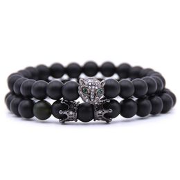 10pc/set wholesale fox crown Bracelet Sets Black Matte Mala Stone for Men Women Handmade custom Jewellery