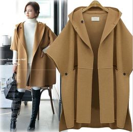 hot sale women european Woollen coat hooded women batwing sleeve eatra size Woollen cape loose trench coats 5xl