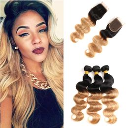 Brazilian Virgin Body Wave Hair Weave With Closure Ombre Human Hair Bundles With Closure Colored Two Tone 1B/27# Blonde Human Hair