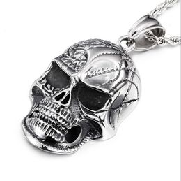 Newest Huge Heavy Punk Skull Pendant 316L Stainless Steel Jewellery Personal Design Cool Men Boys Biker Skull Pendant Necklace 60cm Rope Chain