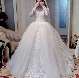 White Lace Ball Gown Long Sleeve Modest Wedding Dresses 2019 Empire Waist plus size Wedding Gowns UK 3D Flowers Sleeves