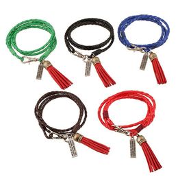 5 Colour selection Hand knit Leather Bracelet Multi loop winding Tassels Pendant Bracelet for men woman Lovers Bracelet 15pcs/lot