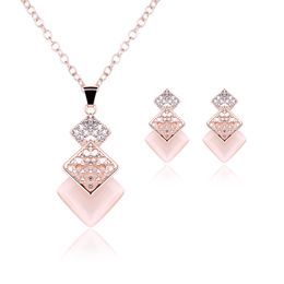 Pink Jewellery Gold Plated Necklace Set Fashion Square Diamond Wedding Bridal Costume Jewellery Sets Party Ruby Jewelrys(Necklace + Earrings)