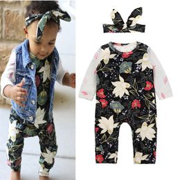 Kids Clothing 2018 Newborn Baby Rompers Spring Autumn Fashion Long Sleeve Flowers Printed Jumpsuit+Bowknot Hairband 2Pcs Kids Infant Clothes