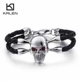 Skull Bracelet For Men Male 220*5mm Black Leather Rope + Stainless Steel Polished Red Stone Eyes Bracelets KALEN