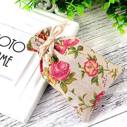 Roses Pattern Double Drawstring Linen Bags Burlap Bags with Drawstring Gift Bags Jewellery Pouch for Wedding Party and DIY Craft