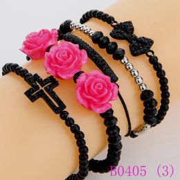 3pcs Fashion Womens Boho Multilayer Rose Flower Charm Bracelets For Women Vintage Beads Black Bow Braclet Adjustable B0405